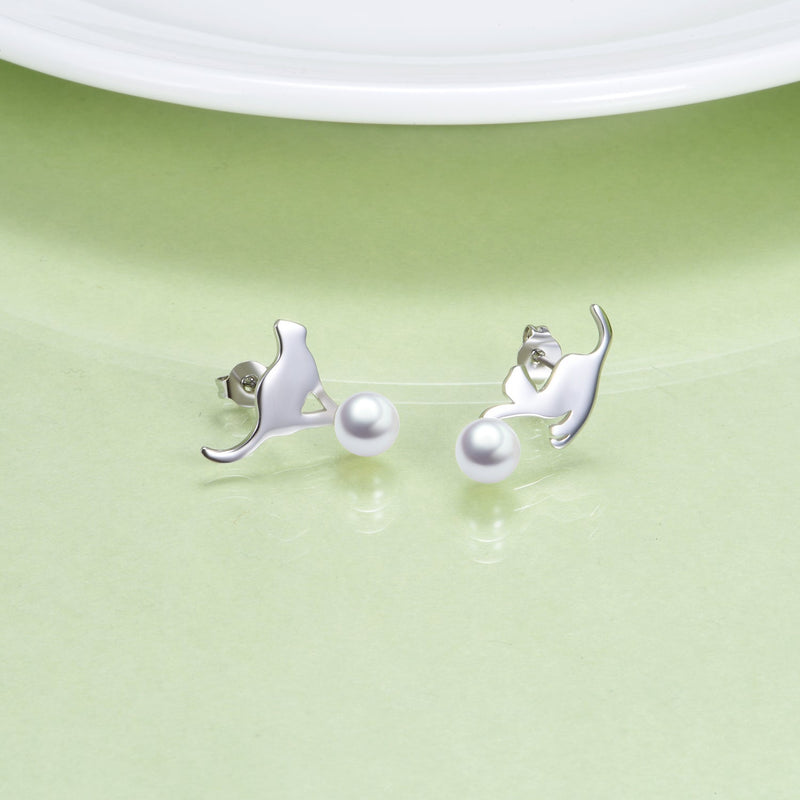 Amy and Annette Sterling Silver Cultured Pearl Cat Earrings