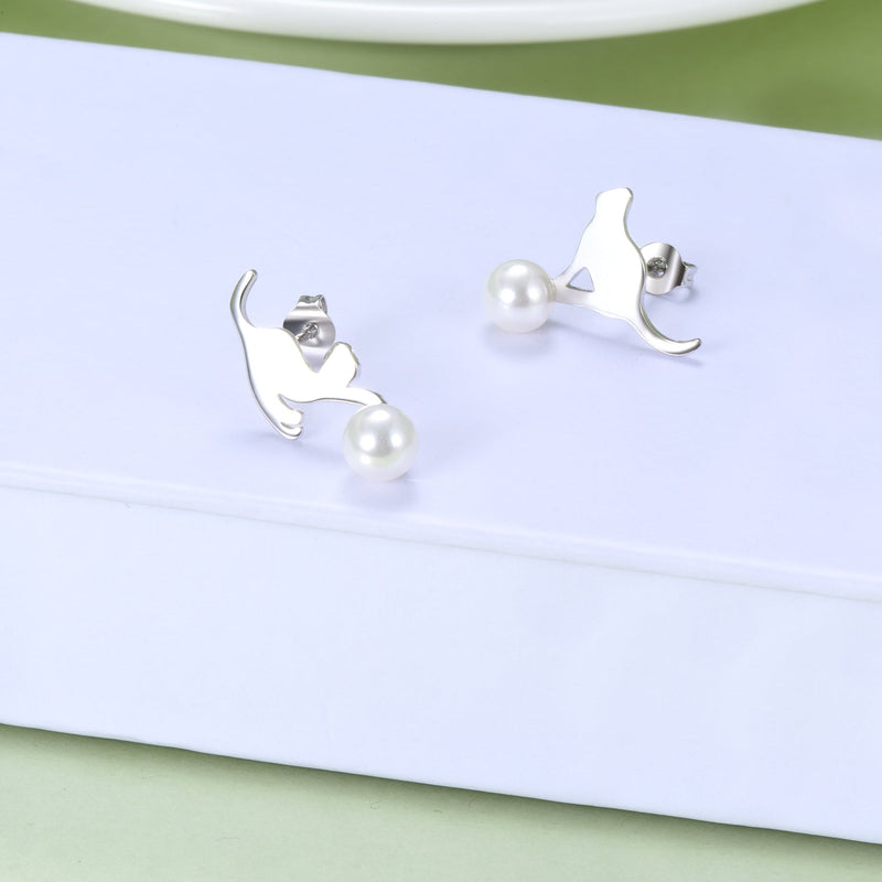 Amy and Annette Sterling Silver Cultured Pearl Cat Earrings