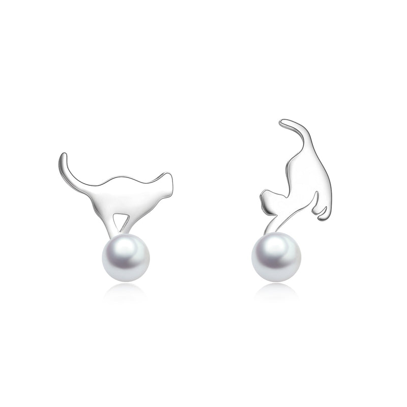 Amy and Annette Sterling Silver Cultured Pearl Cat Earrings