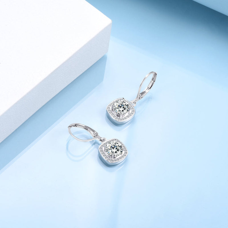 18K Gold Square Halo Lever-back Drop Earrings