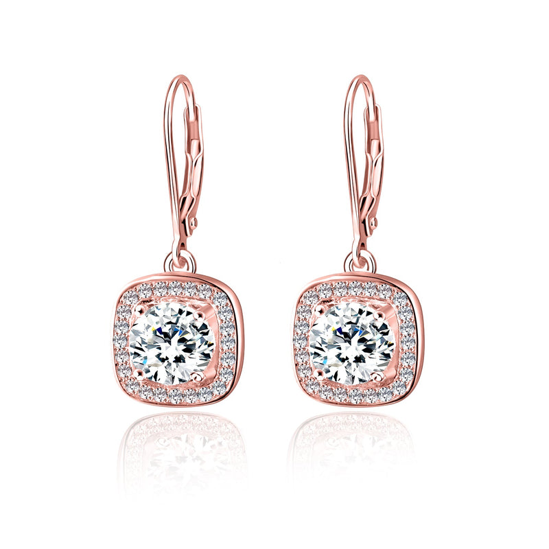 18K Gold Square Halo Lever-back Drop Earrings