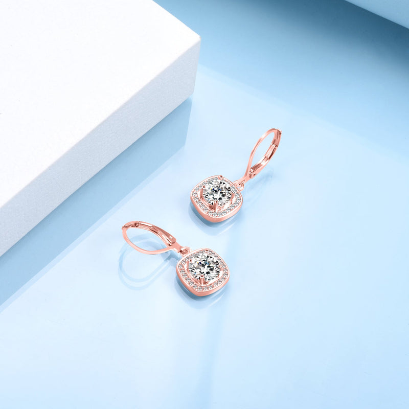 18K Gold Square Halo Lever-back Drop Earrings