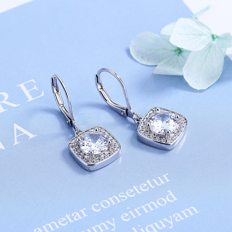 18K Gold Square Halo Lever-back Drop Earrings