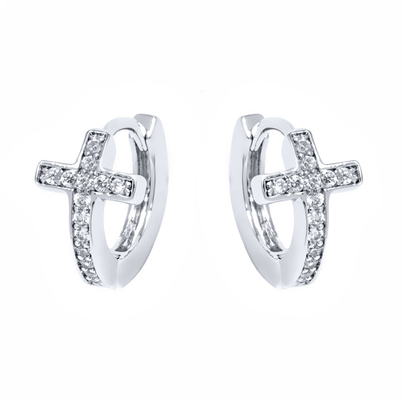 14K Gold Cross Huggie Earring with Genuine Crystals
