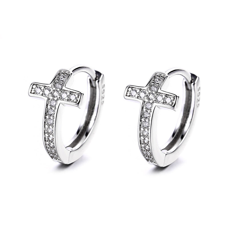 14K Gold Cross Huggie Earring with Genuine Crystals