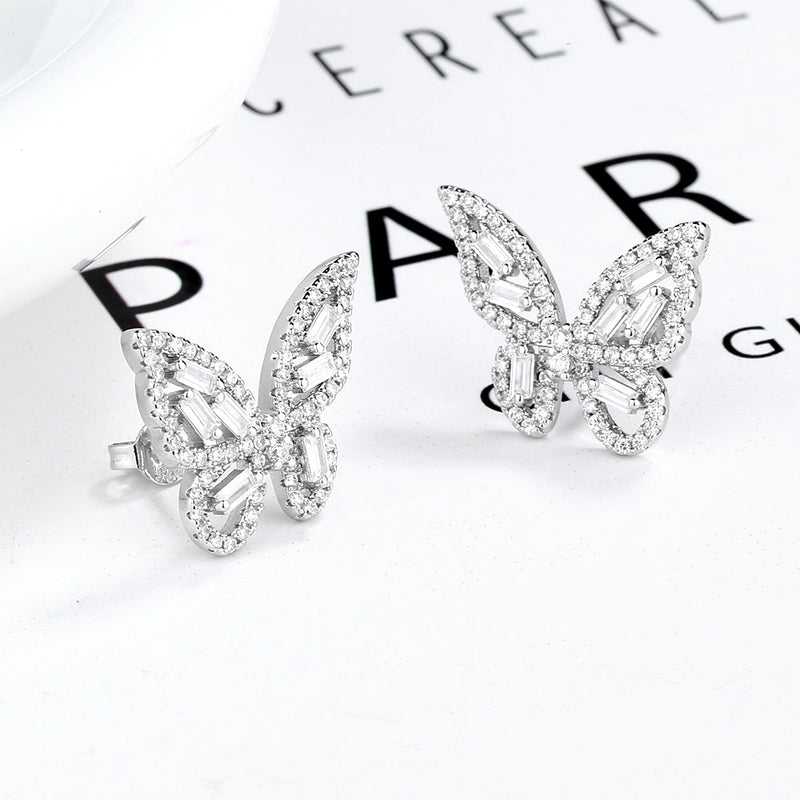 14k Gold and Sterling Silver Round and Baguette Butterfly Earrings with Crystals