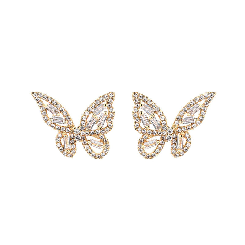 14k Gold and Sterling Silver Round and Baguette Butterfly Earrings with Crystals