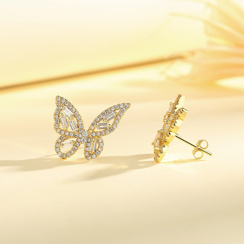 14k Gold and Sterling Silver Round and Baguette Butterfly Earrings with Crystals