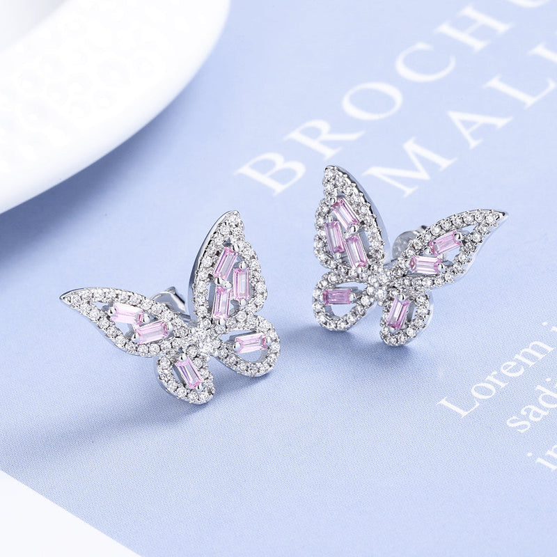 14k Gold and Sterling Silver Round and Baguette Butterfly Earrings with Crystals