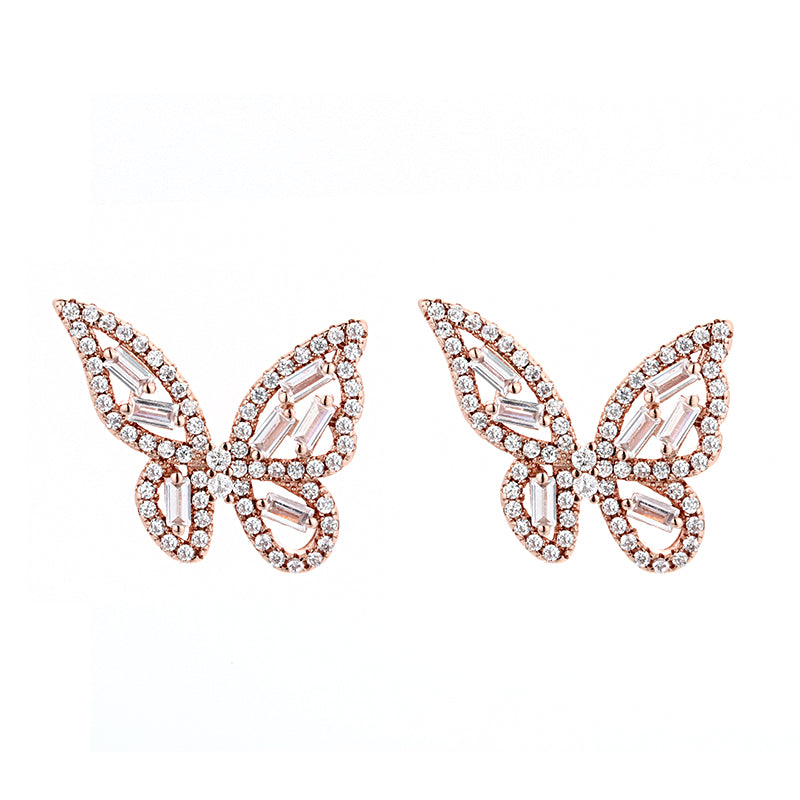 14k Gold and Sterling Silver Round and Baguette Butterfly Earrings with Crystals