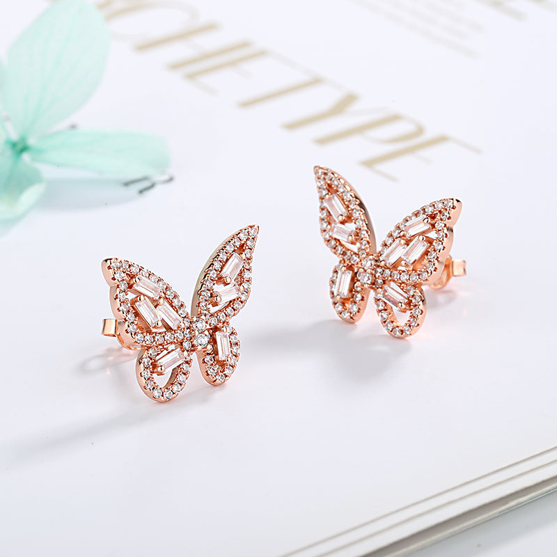 14k Gold and Sterling Silver Round and Baguette Butterfly Earrings with Crystals