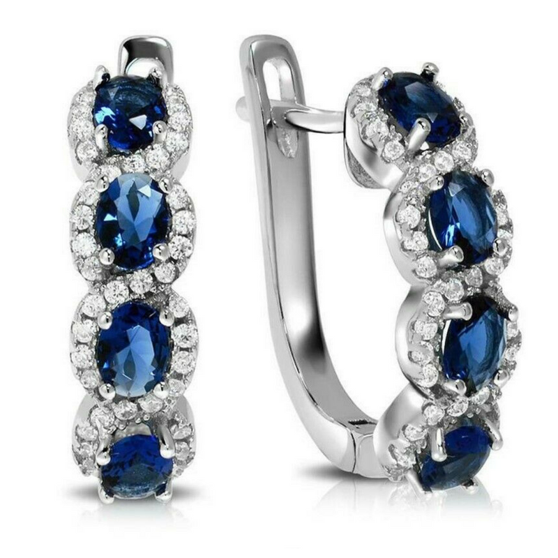 18K White Gold Blue & White Sapphire Halo Huggie Earrings