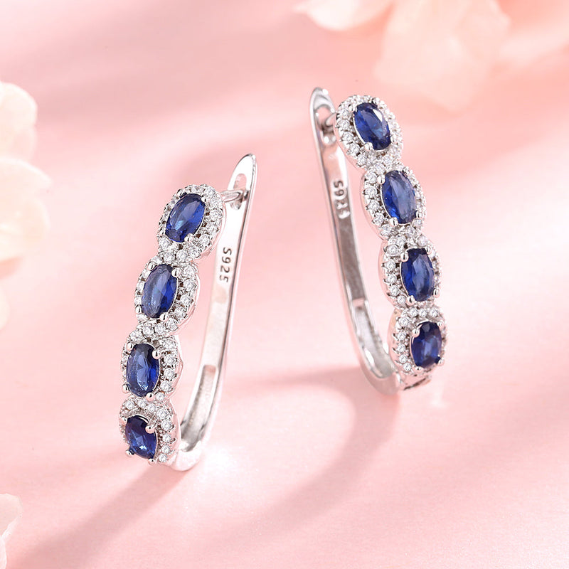18K White Gold Blue & White Sapphire Halo Huggie Earrings