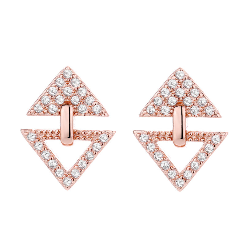 14K Rose Gold and Sterling Silver Triangle Studs with Crystals