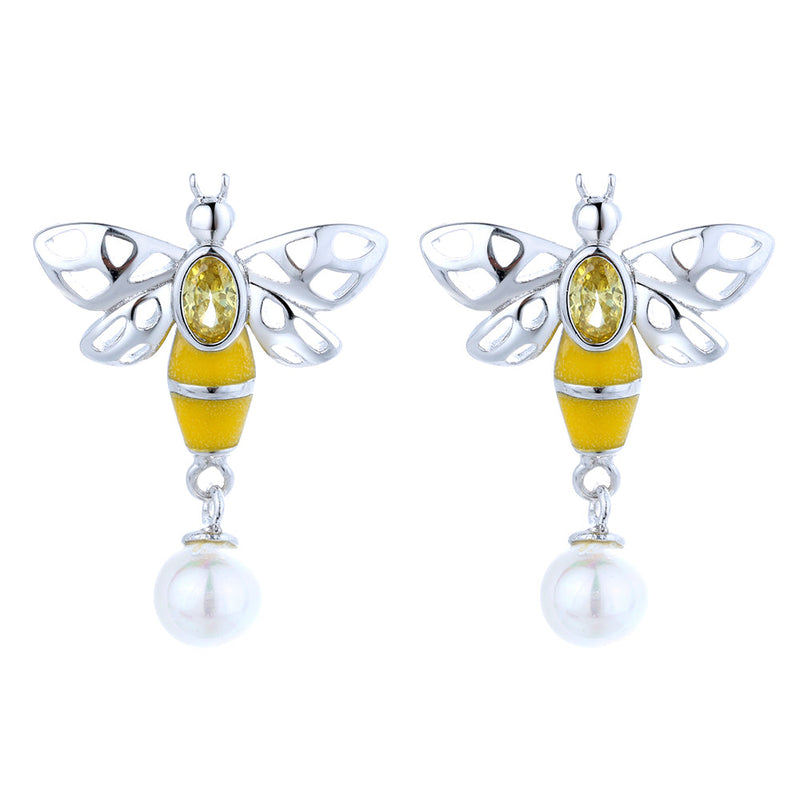 Sterling Silver Bee Earrings With Swarovski Crystals and Pearl