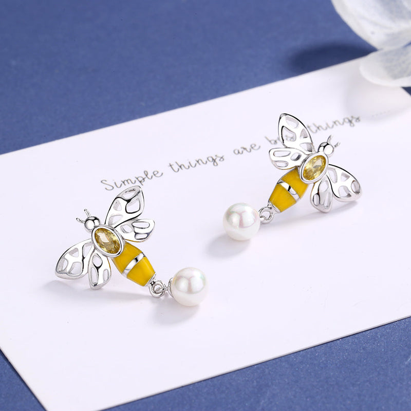 Sterling Silver Bee Earrings With Swarovski Crystals and Pearl