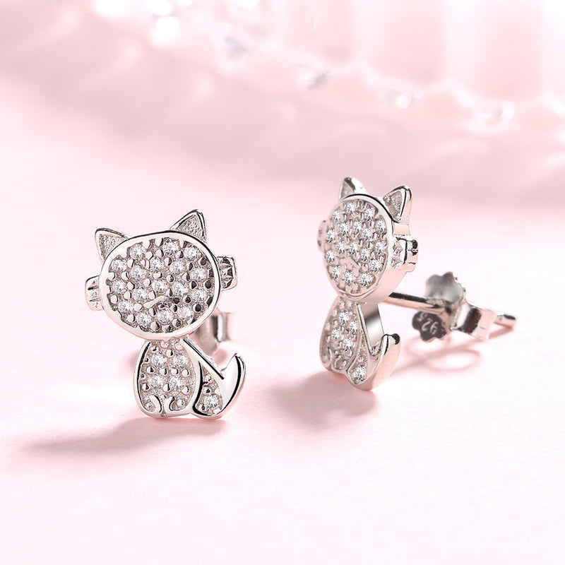 Sterling Silver Crystal Cat Drop Earrings With Crystals