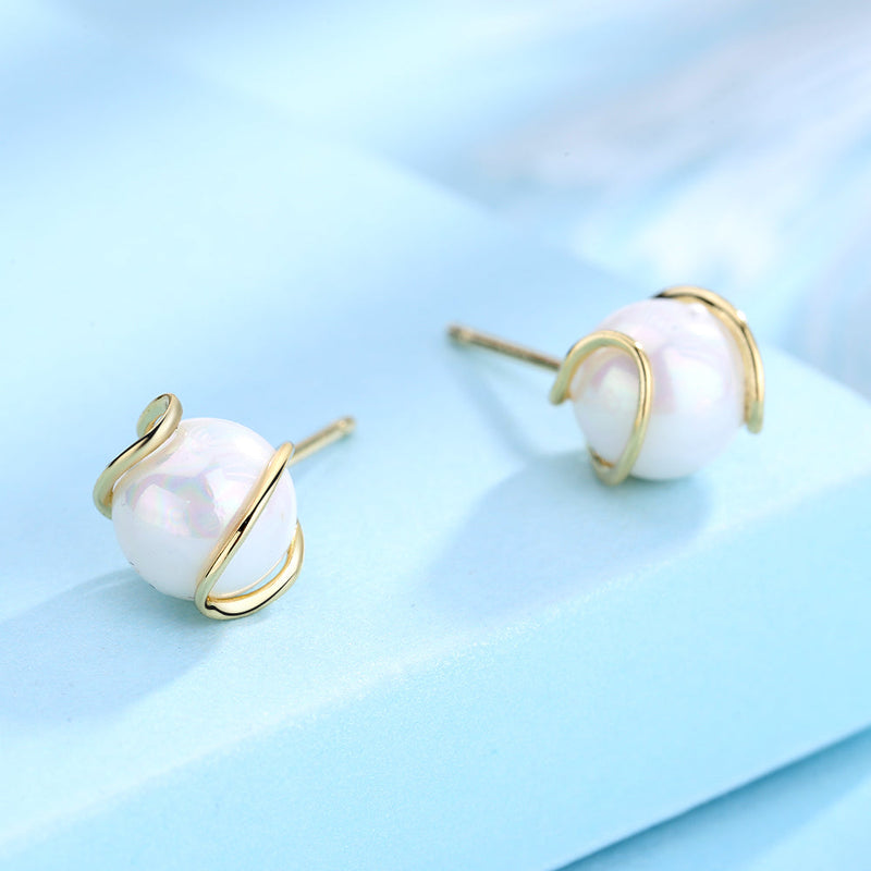 14K Gold Cultured Pearls over Sterling Silver Pearl and Caged Stud Earrings