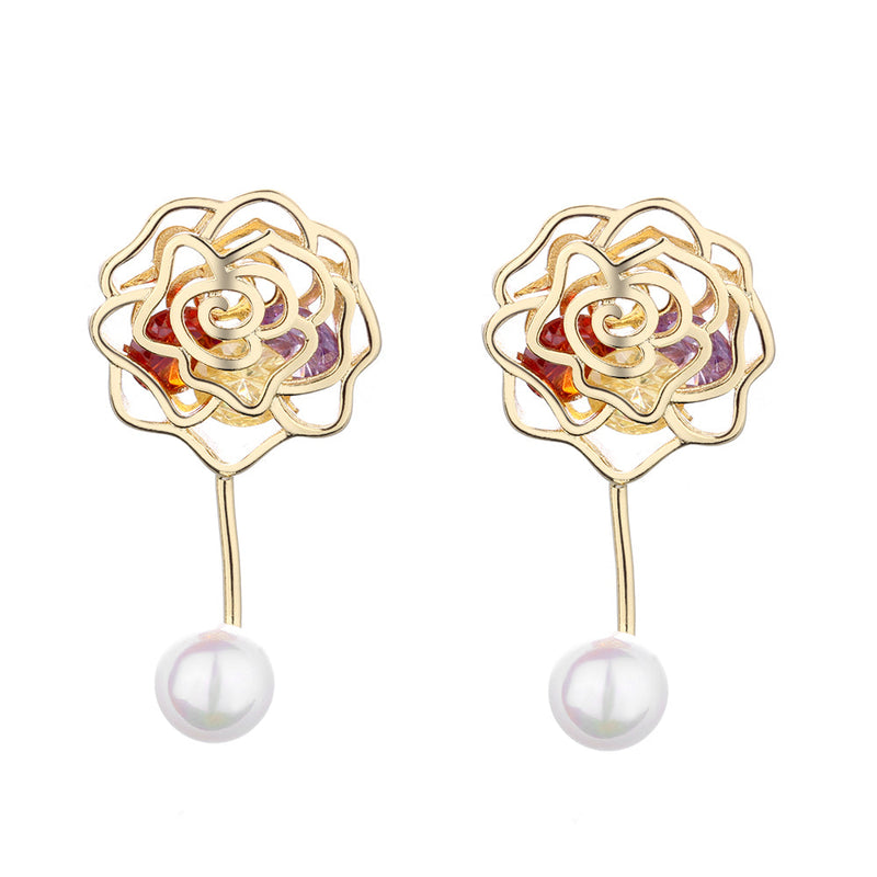 14K Gold Cultured Pearl Rose Drop Earrings With Crystals