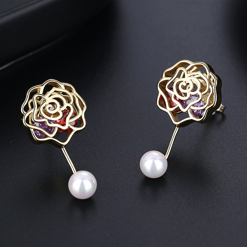 14K Gold Cultured Pearl Rose Drop Earrings With Crystals