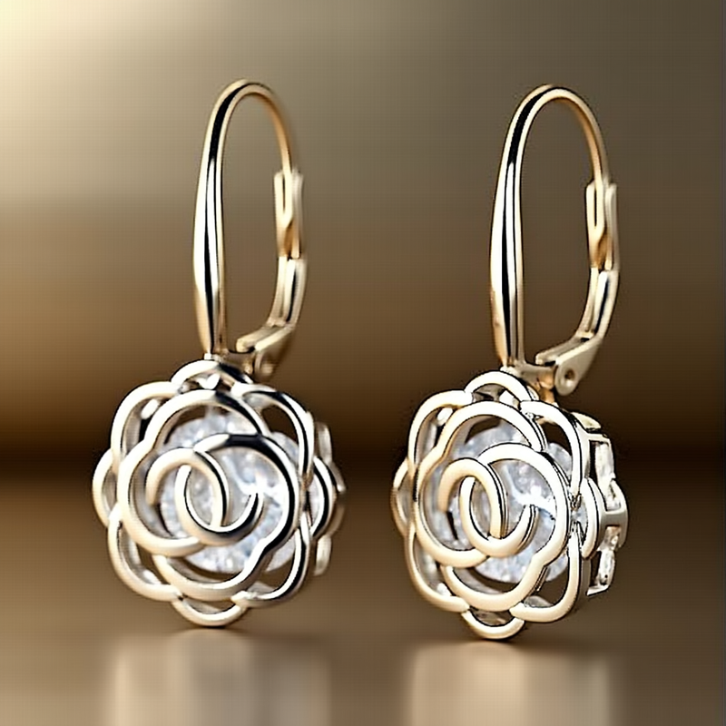 14K Gold Caged with crystals Rose Lever Back Earrings