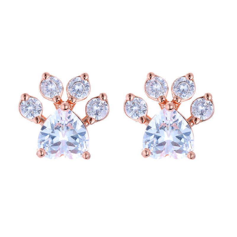 14K Rose Gold And Sterling Silver Paw Earrings With Crystals