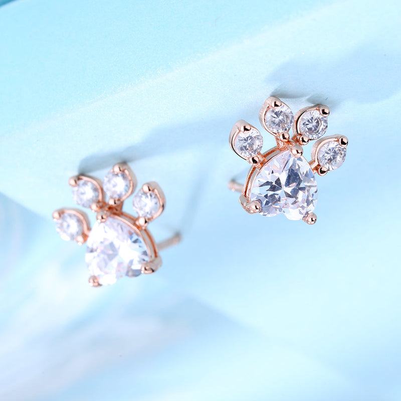 14K Rose Gold And Sterling Silver Paw Earrings With Crystals