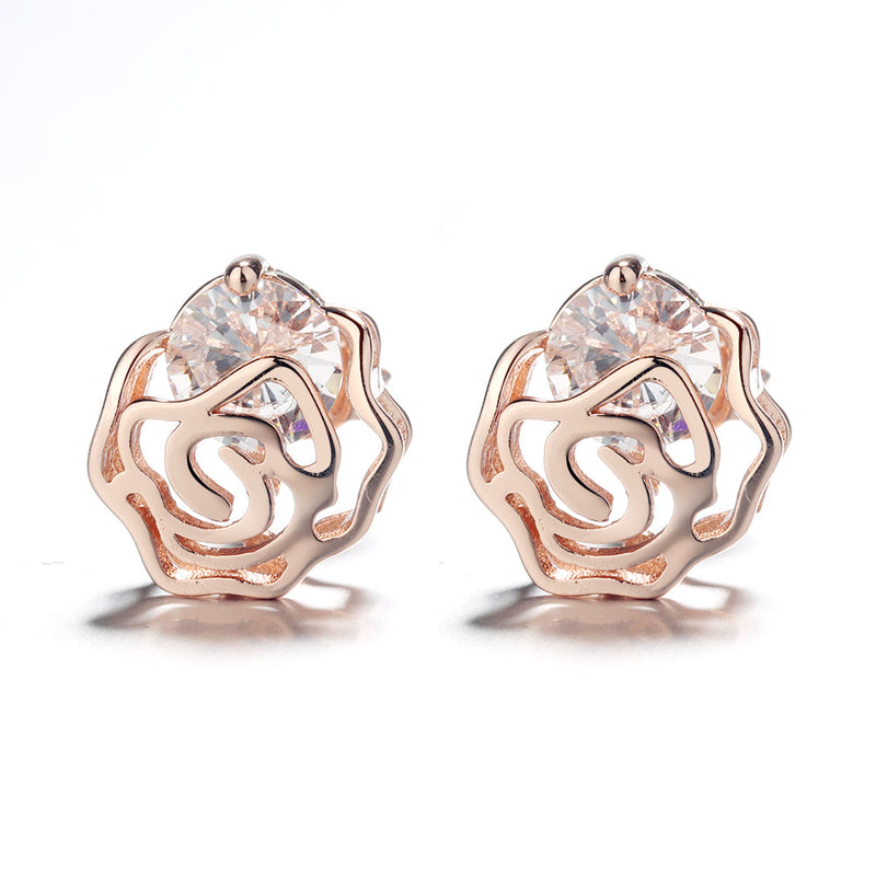 14K Rose or Sterling Silver Caged Rose Stud Earrings with Floating Crystals