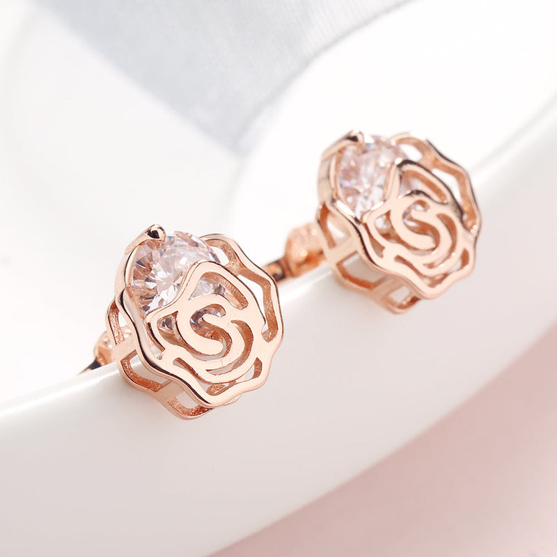 14K Rose or Sterling Silver Caged Rose Stud Earrings with Floating Crystals