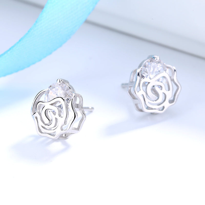 14K Rose or Sterling Silver Caged Rose Stud Earrings with Floating Crystals