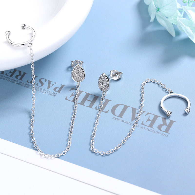 14K Rose Gold Over Sterling Silver Ear Cuff to Water Drop Stud Earrings