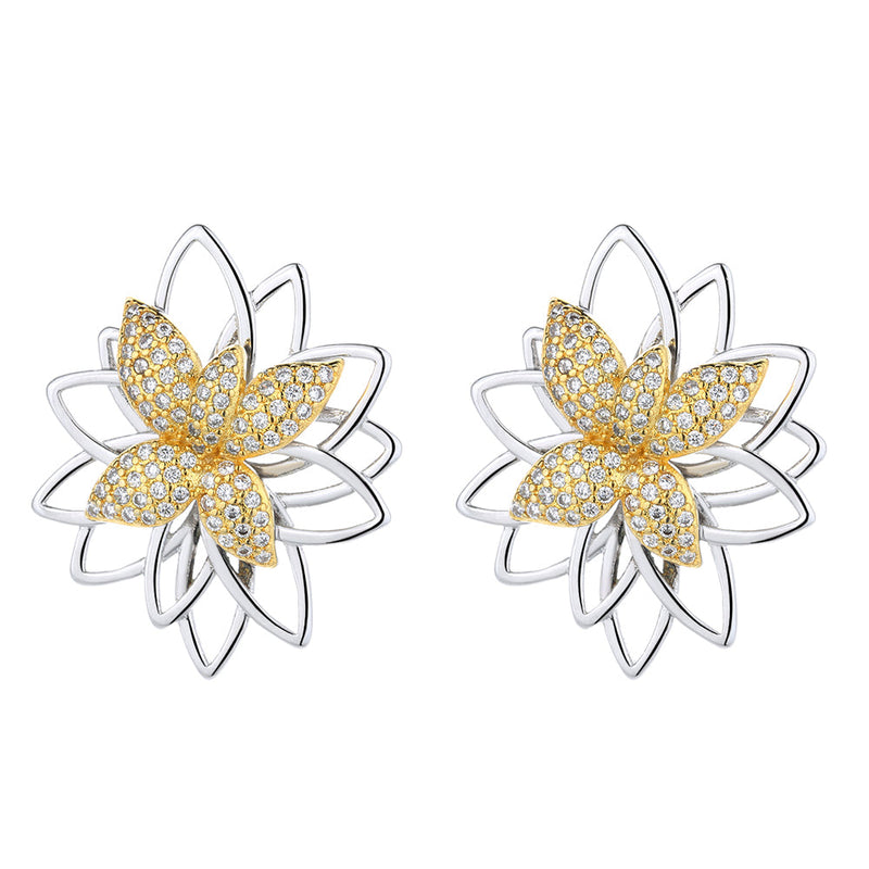 Lotus Flower Two Tone Earring Studs with Crystals