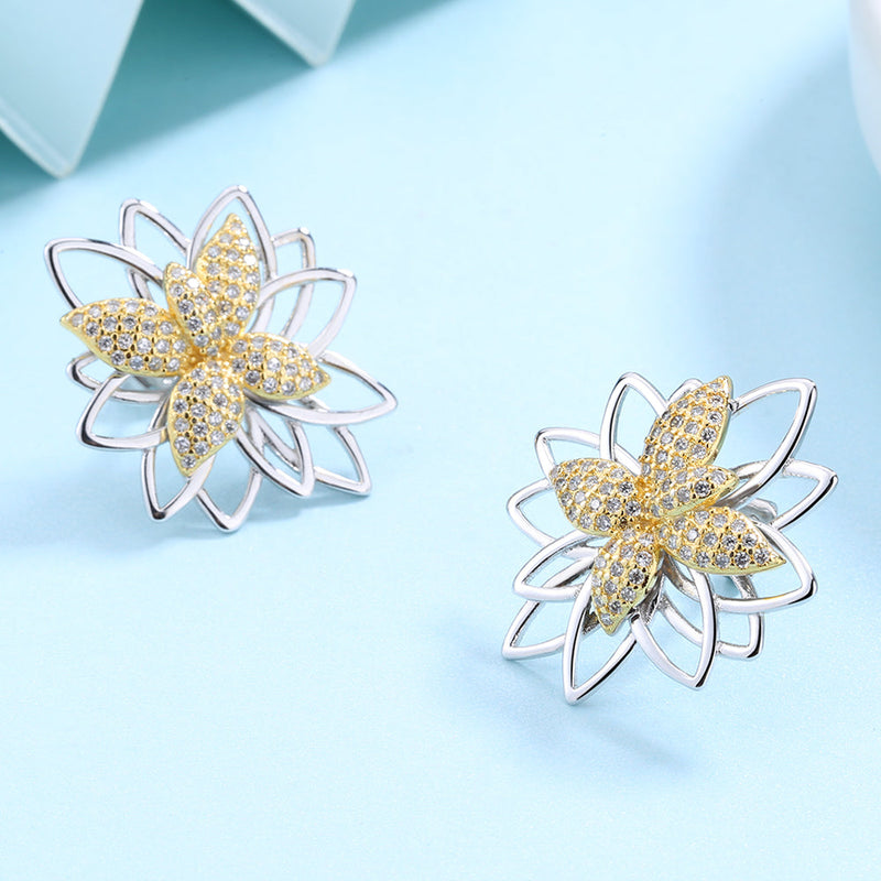 Lotus Flower Two Tone Earring Studs with Crystals
