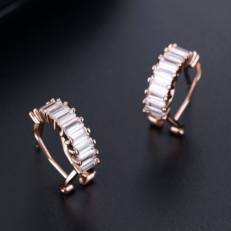 14K Rose over Sterling Silver Baguette Cut Swarovski Huggie Earrings