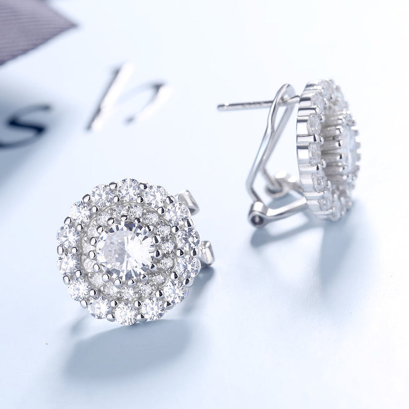 Sterling Silver Double Halo Omega Stud Earrings With Crystals