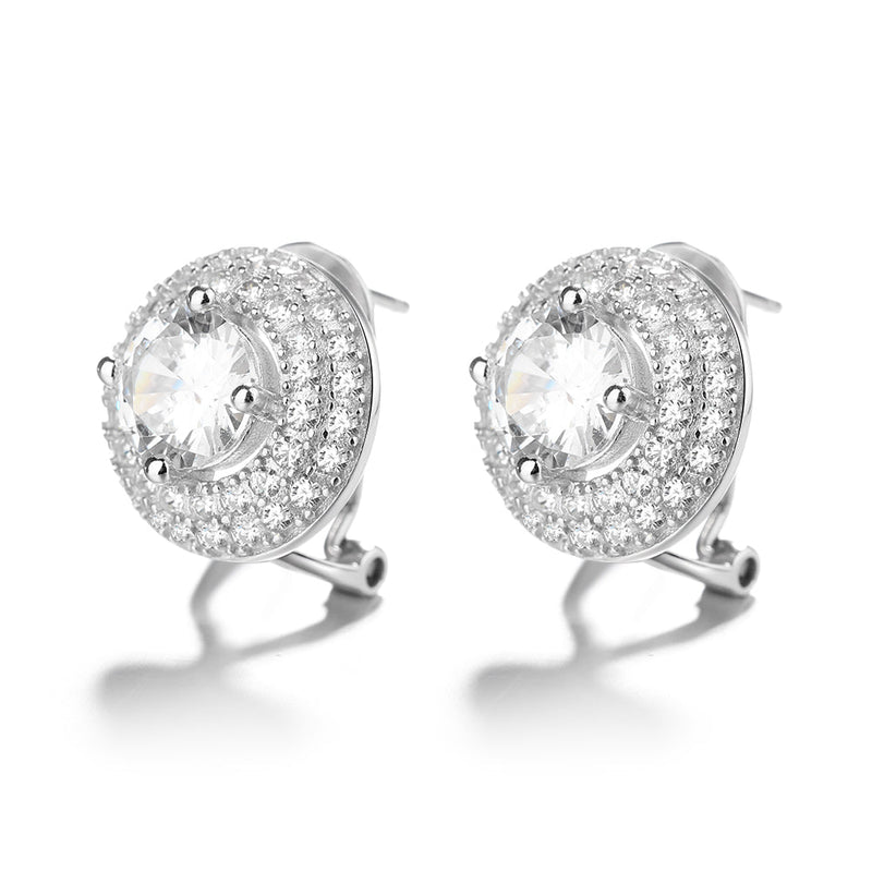 Sterling Silver Double Halo Omega Stud Earrings