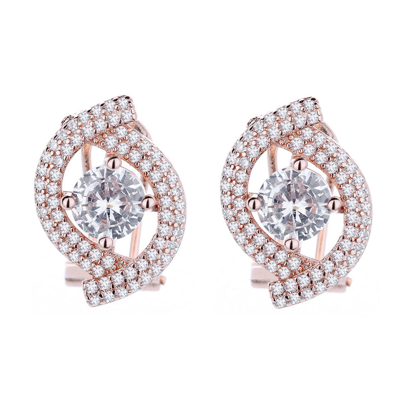 14K Rose Gold and 14K White Gold Two Row Halo Omega Backing Earrings