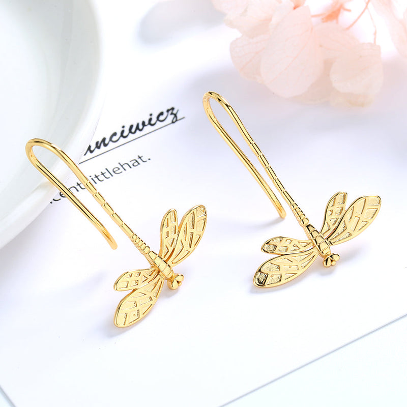Sterling Silver and 14K Gold Dangle Dragonfly Earrings