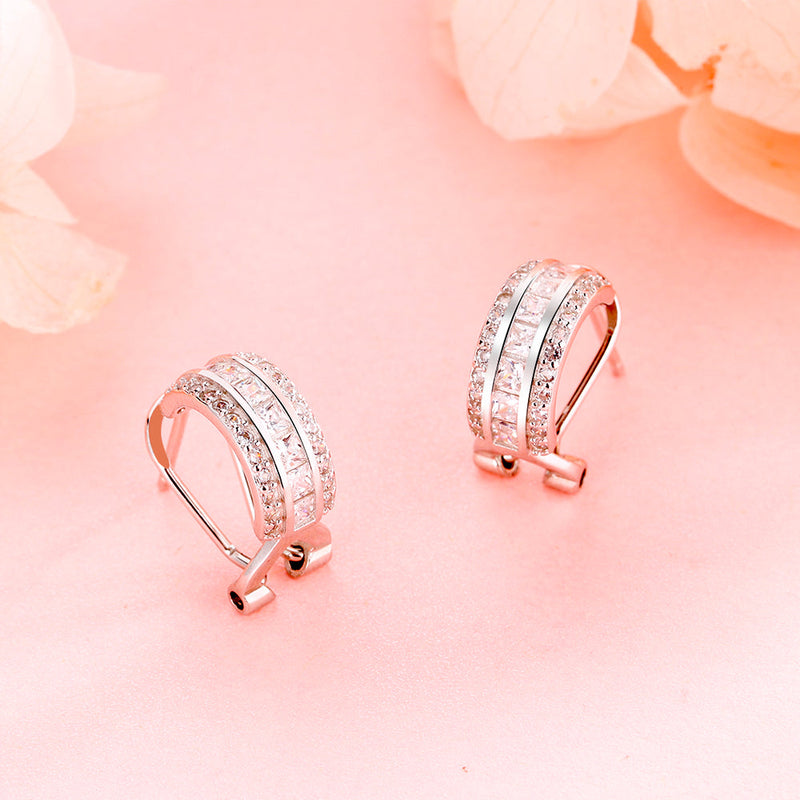 Sterling Silver Three Row Huggie Earring with Swarovski Crystal