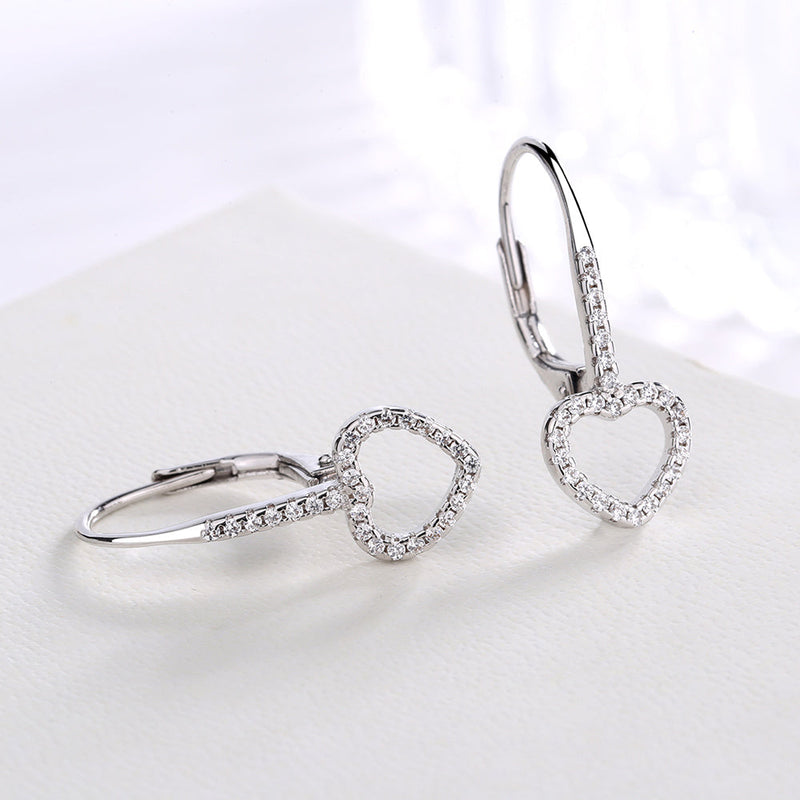 14K White Gold Open Heart Leverbak Earrings with Crystals