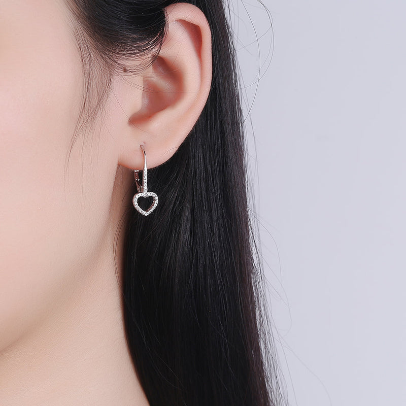 14K White Gold Open Heart Leverbak Earrings with Crystals