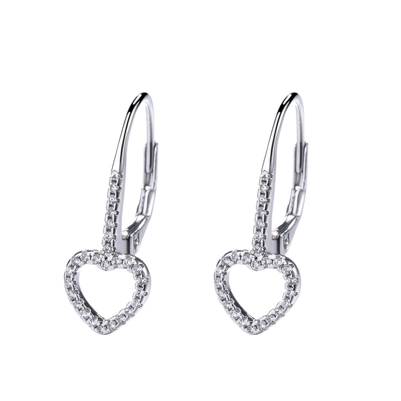 14K White Gold Open Heart Leverbak Earrings with Crystals