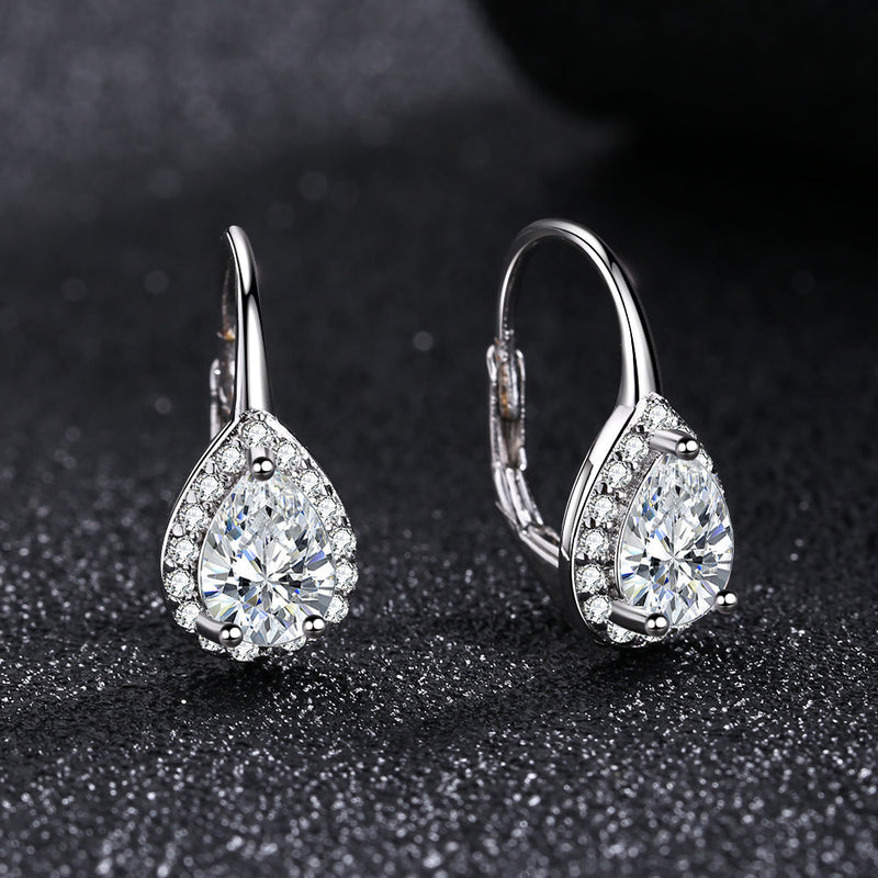 Amy and Annette Sterling Silver Pear Omega Lever-back Halo Earring