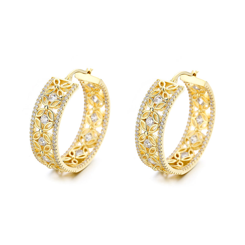 14K Gold Filigree Flower Hoop Earring with crystals