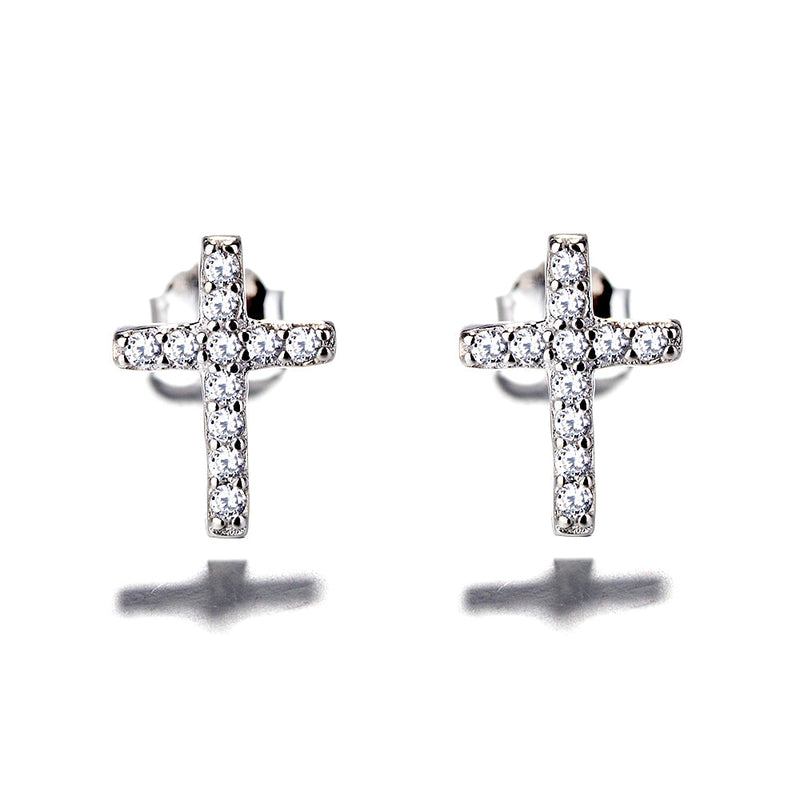 Sterling Silver Cross Stud Earrings with Crystals