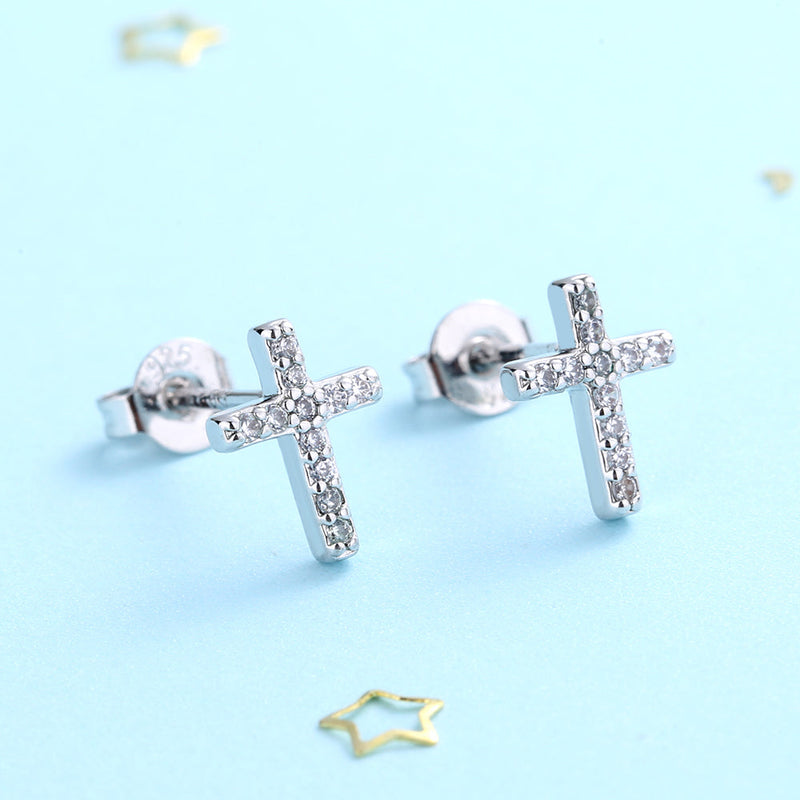 Sterling Silver Cross Stud Earrings with Crystals