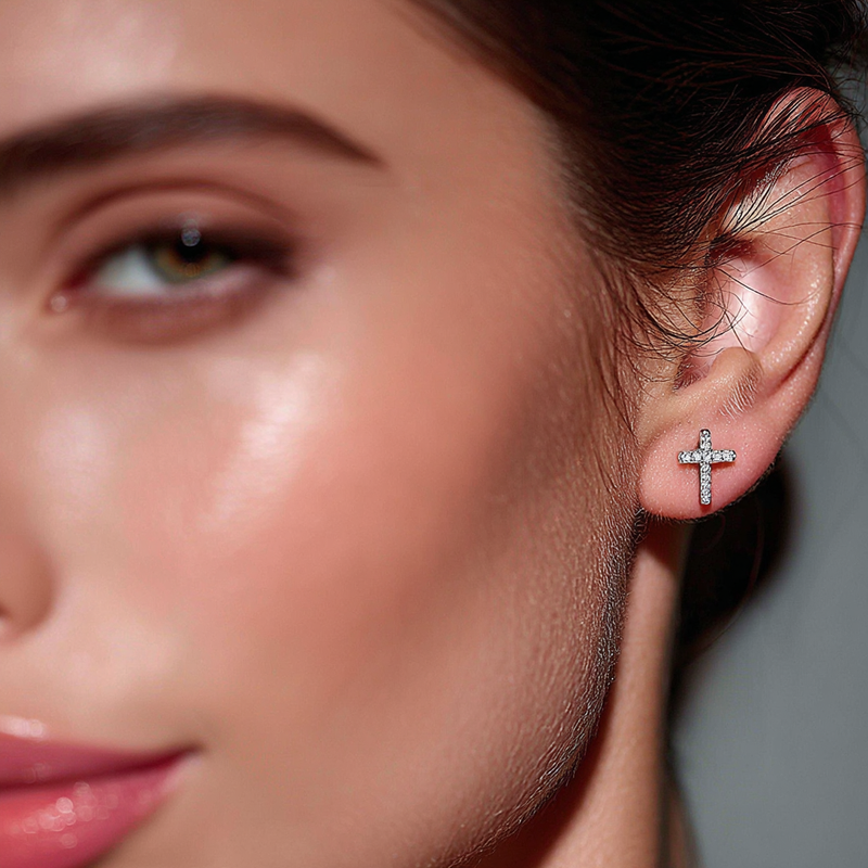 Sterling Silver Cross Stud Earrings with Crystals