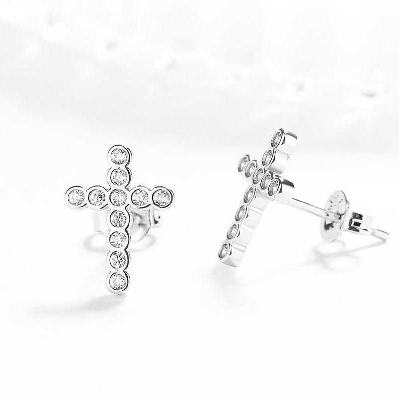 Sterling Silver Dainty Cross Earrings With Crystals