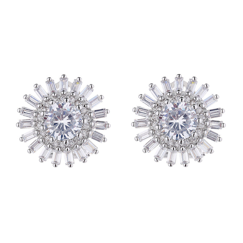 Simulated Diamond Brilliant and Emerald Cut Double Halo Stud Earrings in 14K White Gold