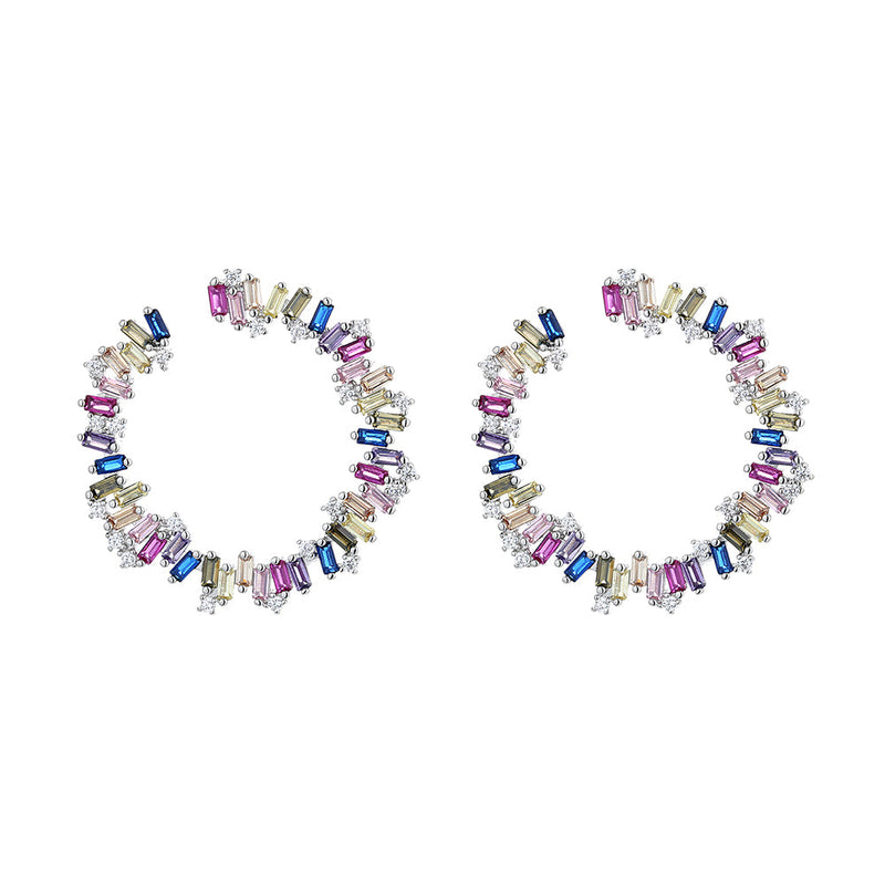 Sterling Silver Multi-Color J Hoop Earring with Crystals